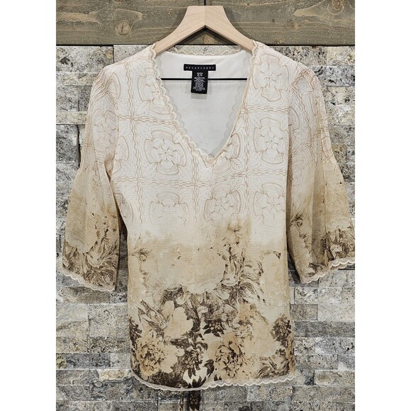 VTG 90s Tunic Top Women S Muted Beige Ombre Floral V-Neck Ethereal Whimsy Fairy - Picture 3 of 9